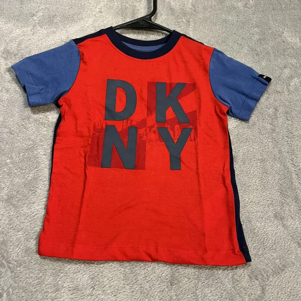DKNY Shirt Toddler Boys 2T Red Blue Colorblock Graphic Logo Cotton Tee Crewneck